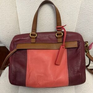 Fossil Molly Color block Leather Satchel in Burgundy, Coral & Brown